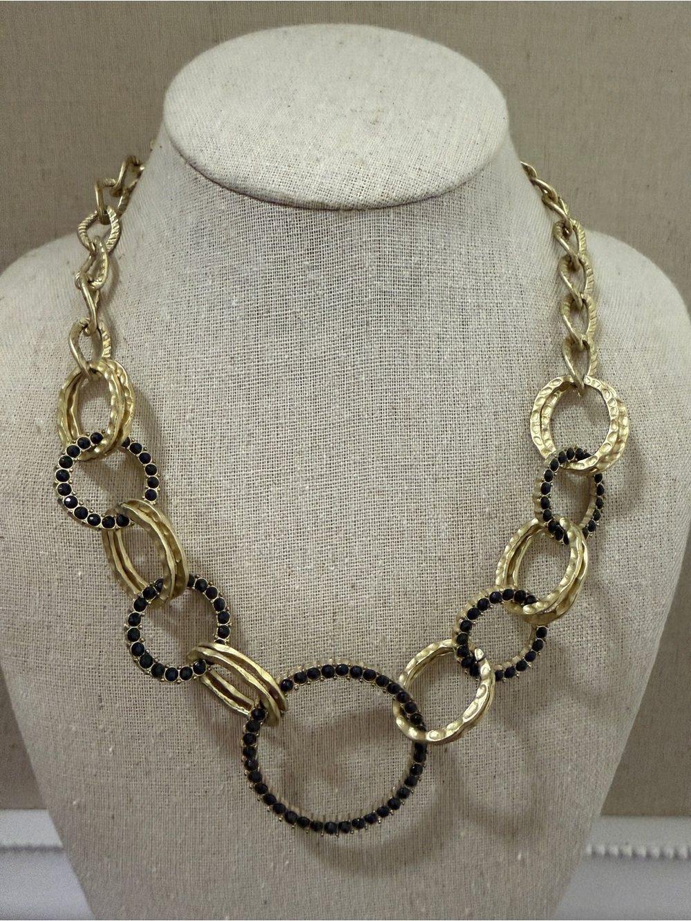 Source Unknown Goldtone Necklace with Black Crystal Circles